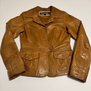 Blendshe women’s 100% leather camel brown blazer jacket sz 36/small Vintage 90’s